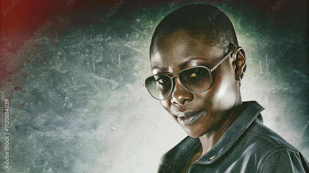 Stylish African Female in Casuals with Buzz Cut and Sunglasses Looking at Camera Stylish African Female in Casuals with Buzz Cut and Sunglasses Looking at Camera