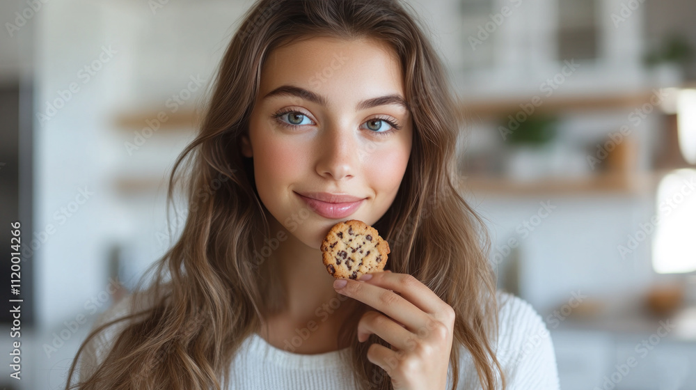 Canadian woman grabbing eating cookies at kitchen, enjoy family tradition Canadian woman grabbing eating cookies at kitchen, enjoy family tradition