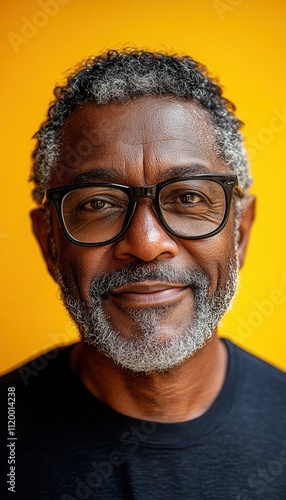 A smiling mature man with glasses against a bright yellow background.