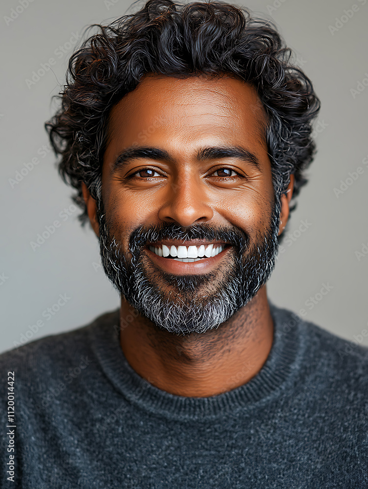 Portrait of a Happy Man with Curly Hair and Graying Beard Smiling Brightly, Studio Shot Portrait of a Happy Man with Curly Hair and Graying Beard Smiling Brightly, Studio Shot