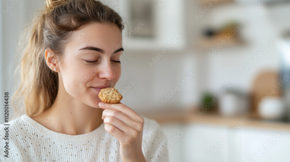 Germany woman grabbing eating cookies at kitchen, enjoy family tradition Germany woman grabbing eating cookies at kitchen, enjoy family tradition