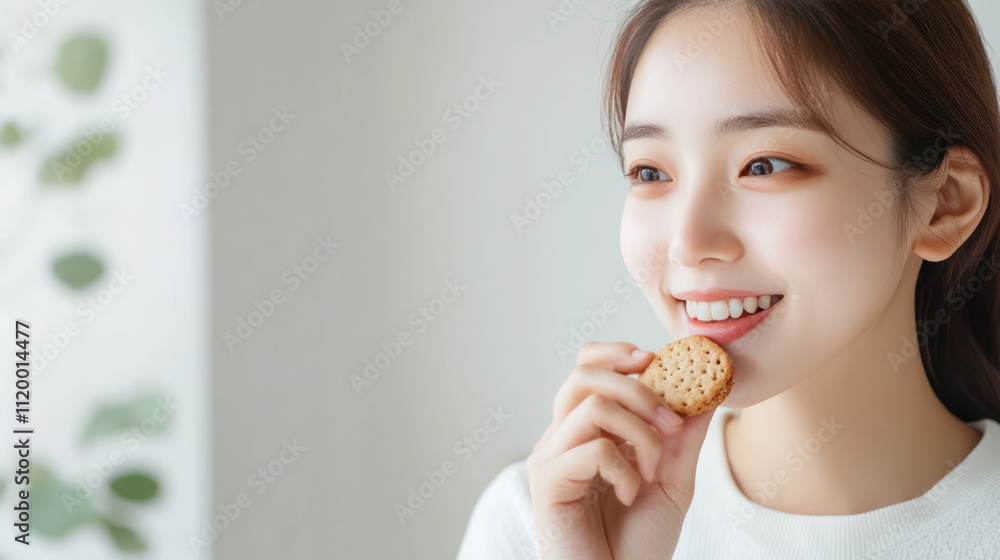 Korean woman grabbing eating cookies at kitchen, enjoy family tradition Korean woman grabbing eating cookies at kitchen, enjoy family tradition