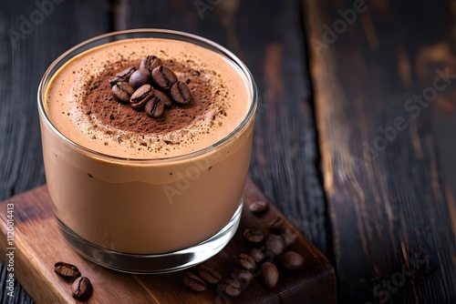 Close-up of a mocha mousse on the wooden table, rustic dark background with copy space.