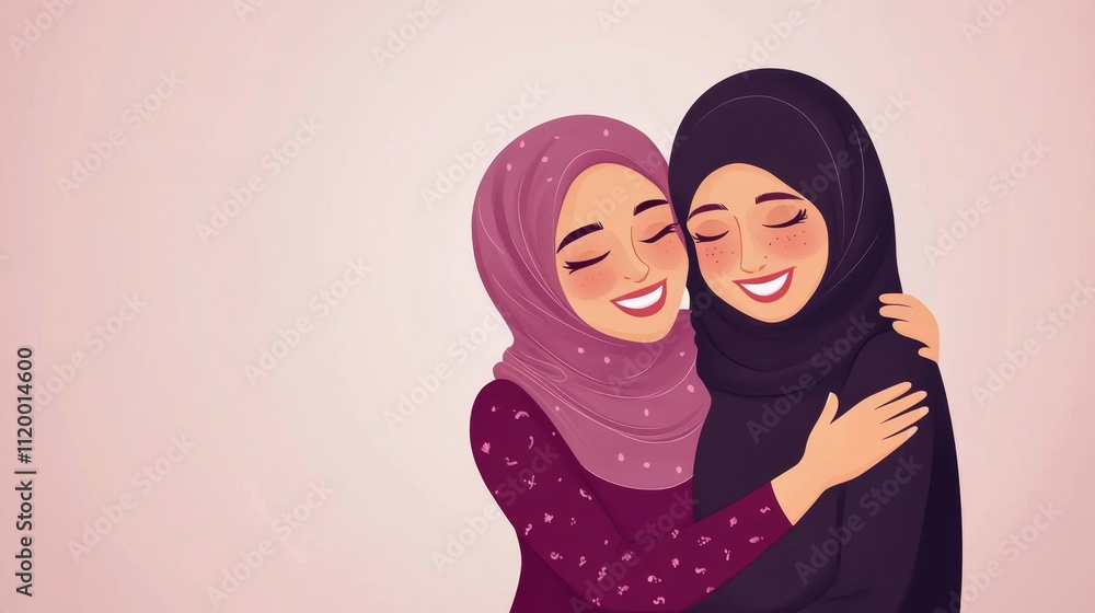 Portrait of happy arabic two friend muslim woman with hijab dress smiling and hugging together Portrait of happy arabic two friend muslim woman with hijab dress smiling and hugging together