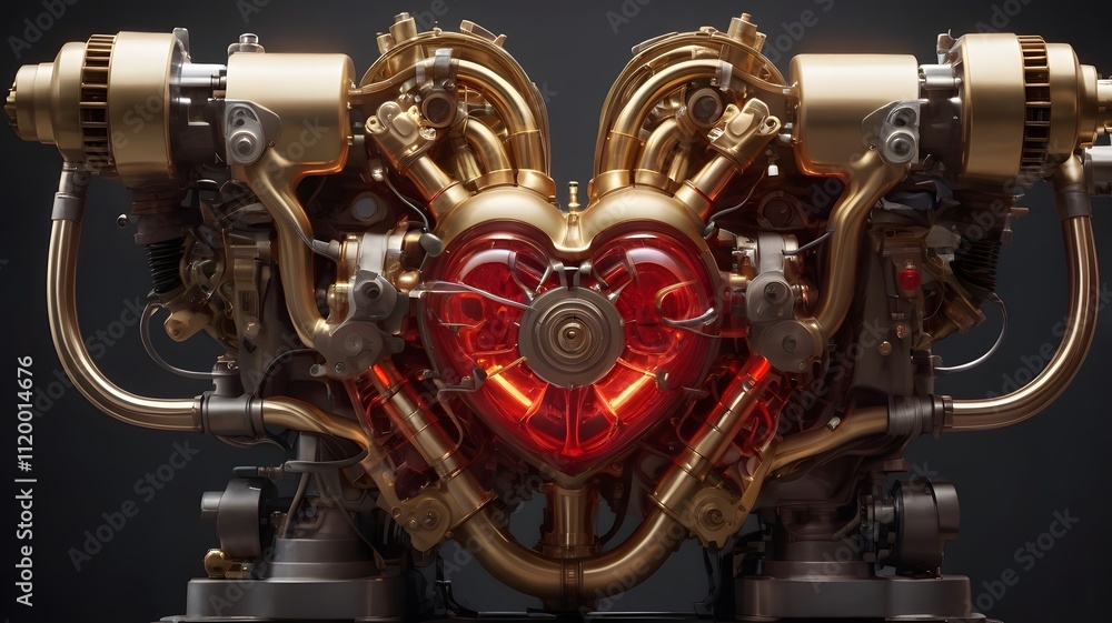 Futuristic Steampunk Heart Engine with Glowing Red Core and Golden Machinery Futuristic Steampunk Heart Engine with Glowing Red Core and Golden Machinery