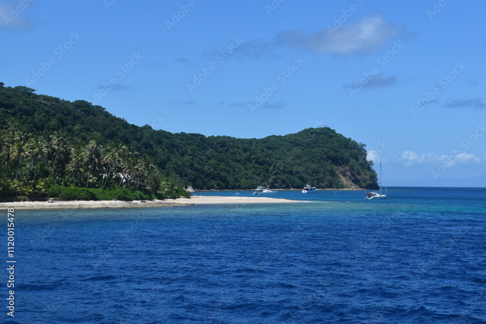 A lush green tropical paradise island with palm trees and white sandy beaches on Fiji in the Pacific Ocean A lush green tropical paradise island with palm trees and white sandy beaches on Fiji in the Pacific Ocean