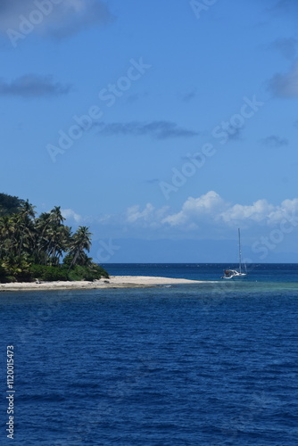 A lush green tropical paradise island with palm trees and white sandy beaches on Fiji in the Pacific Ocean photo