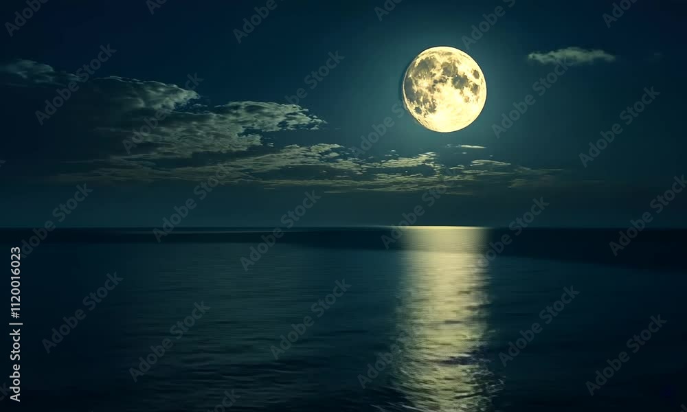 A serene night scene featuring a bright full moon illuminating a calm ocean, with gentle waves reflecting the moonlight and clouds scattered across the night sky. A serene night scene featuring a bright full moon illuminating a calm ocean, with gentle waves reflecting the moonlight and clouds scattered across the night sky.