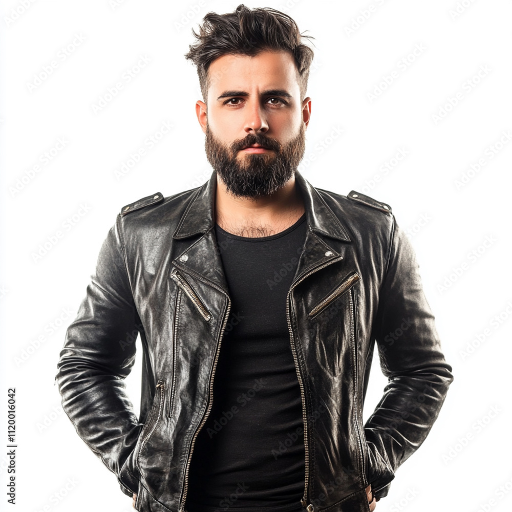 Stylish man with a beard wearing a leather jacket, isolated on white background. Stylish man with a beard wearing a leather jacket, isolated on white background.