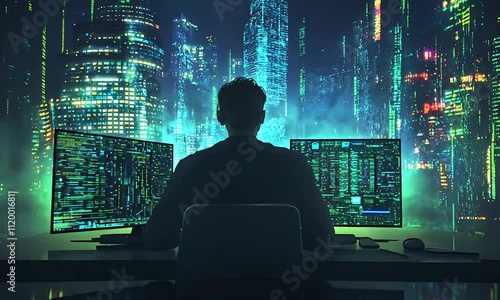 Wallpaper Mural A silhouette of a person sits before dual monitors displaying code, set against a futuristic cityscape illuminated by neon lights, evoking a tech-driven atmosphere. Torontodigital.ca