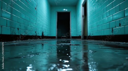 An echoing hallway with blue tiled walls and a slick liquid floor casts dim light reflections, generating an atmosphere of solitude and mysterious tension. photo