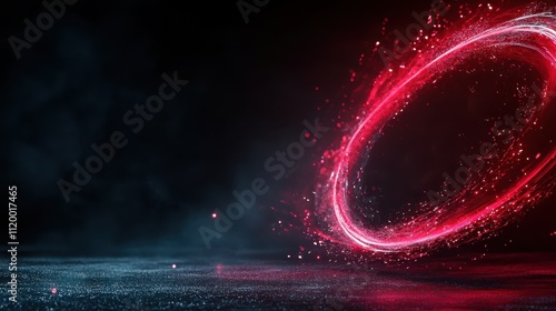 A swirling red neon hoop creates a dynamic focal point amidst a vibrant, misty expanse, suggesting motion and energy in an abstract digital realm. photo