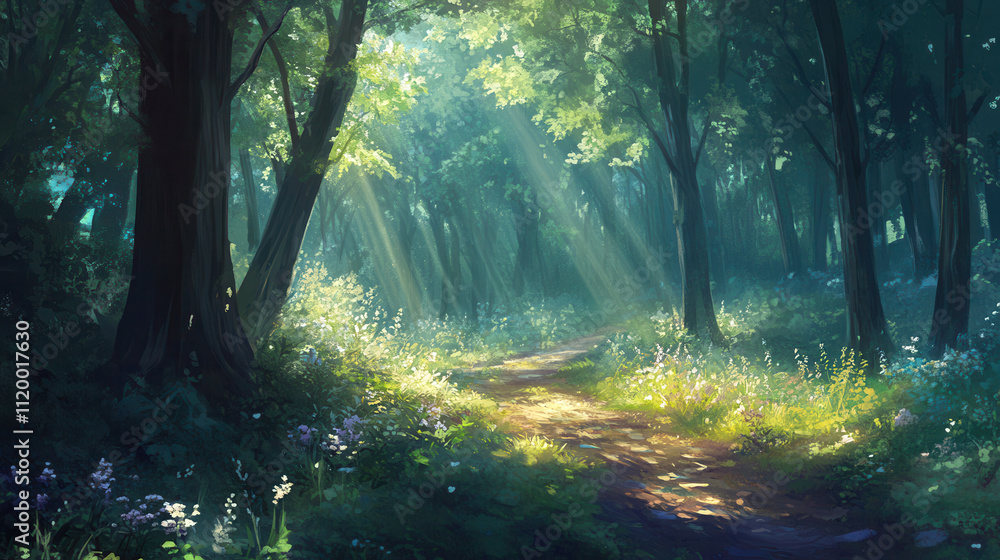 Obraz premium tranquil forest path with dappled sunlight filtering through trees