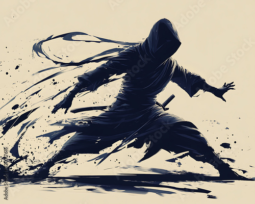 Shadow Ninja in Motion: A Dynamic Digital Painting of a Stealthy Warrior photo