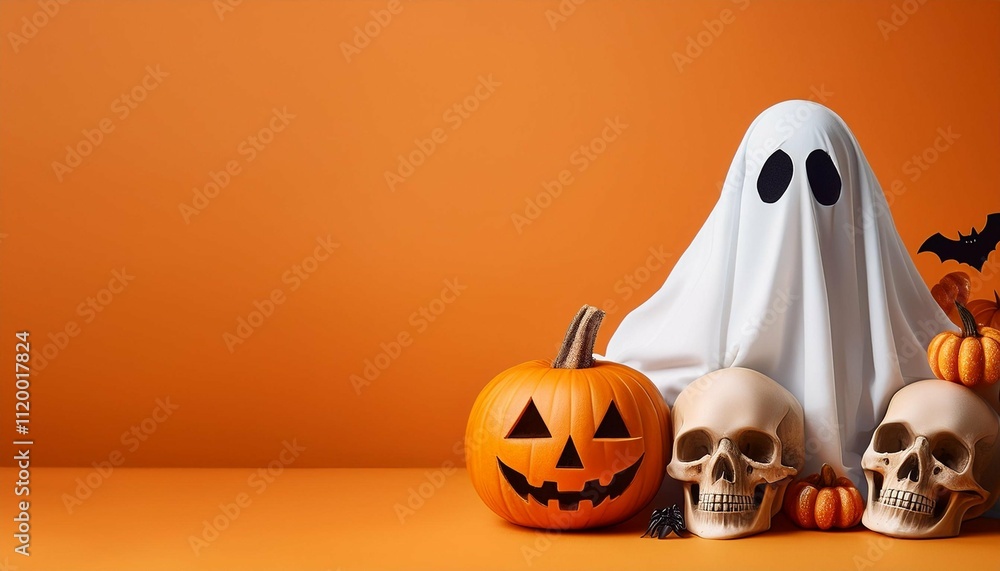 ghost with pumpkins and skulls on orange background ghost with pumpkins and skulls on orange background