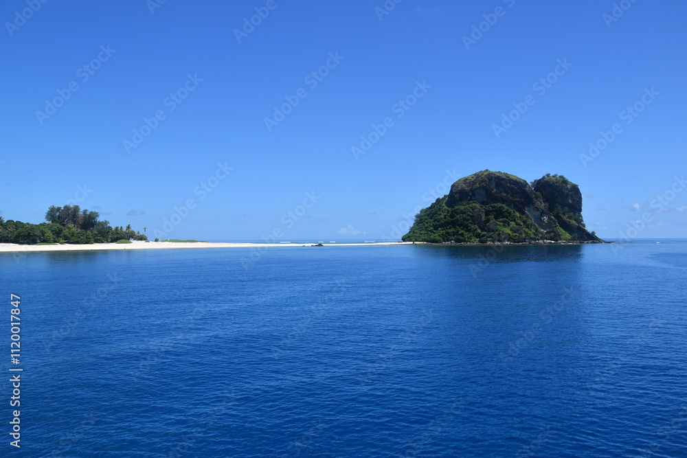 Fototapeta premium A lush green tropical paradise island with palm trees and white sandy beaches on Fiji in the Pacific Ocean