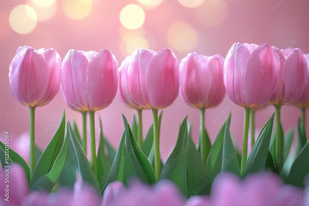 A serene display of pink tulips against a soft, blurred background. A serene display of pink tulips against a soft, blurred background.
