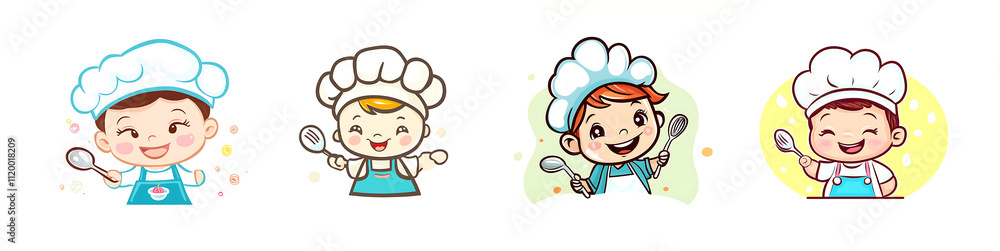 Obraz premium Adorable Little Chefs Cartoon Illustration: Four Cute Kids in Chef Hats Holding Spoons, Ready to Cook Delicious Meals