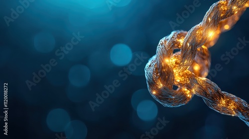 An artistic image of a rope, intricately knotted and glowing with vibrant light, hanging against a dreamy blue background, symbolizing complexity and unity. photo