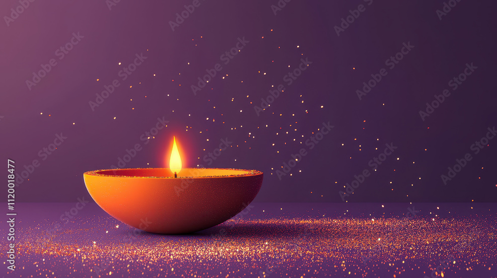 Glowing candle in orange bowl emits warm light, surrounded by sparkling particles against purple background, creating serene and inviting atmosphere Glowing candle in orange bowl emits warm light, surrounded by sparkling particles against purple background, creating serene and inviting atmosphere