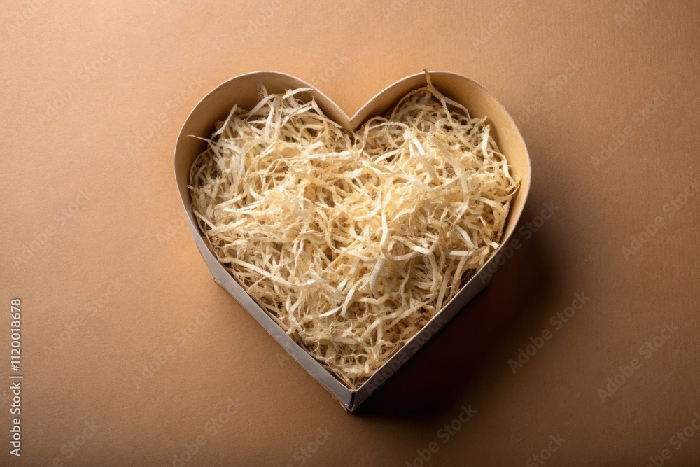 Top View of Natural Color Open Heart Shape Cardboard Box with Shredded Wood Excelsior on Pastel Brown Background, Ideal for Sustainable Packaging and Eco-Friendly Products Top View of Natural Color Open Heart Shape Cardboard Box with Shredded Wood Excelsior on Pastel Brown Background, Ideal for Sustainable Packaging and Eco-Friendly Products