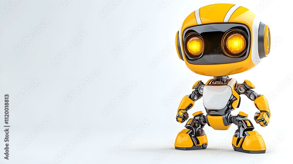 Friendly Robot Character in Bright Yellow Color Design with Animated Expressions, Ideal for Technology, Innovation, and Children's Content Themes Friendly Robot Character in Bright Yellow Color Design with Animated Expressions, Ideal for Technology, Innovation, and Children's Content Themes