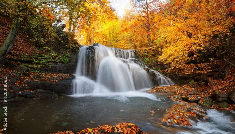 autumn landscape with waterfall and falling yellow leaves autumn landscape with waterfall and falling yellow leaves