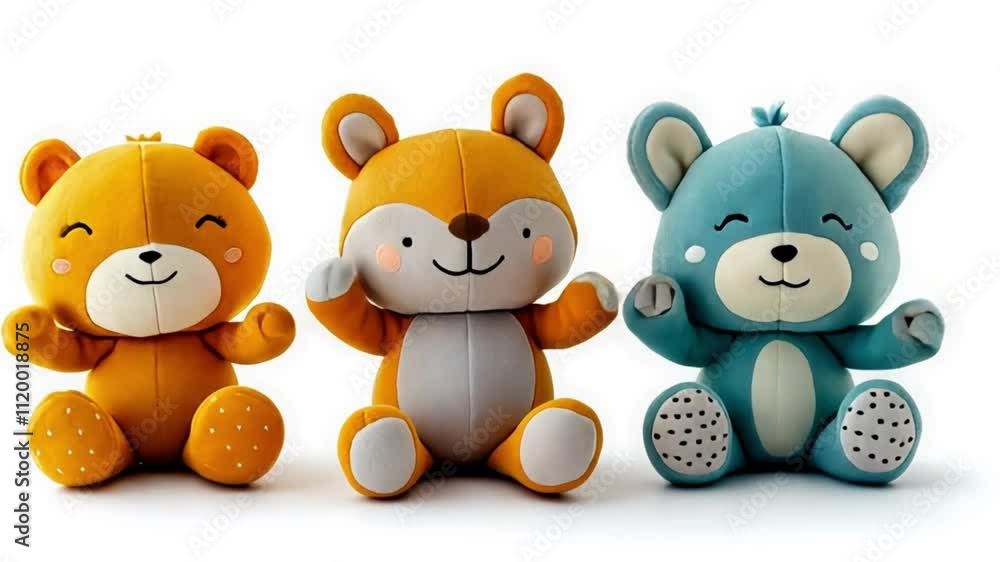 Three plush toys, one orange, one yellow, and one blue, sit together, smiling. Three plush toys, one orange, one yellow, and one blue, sit together, smiling.