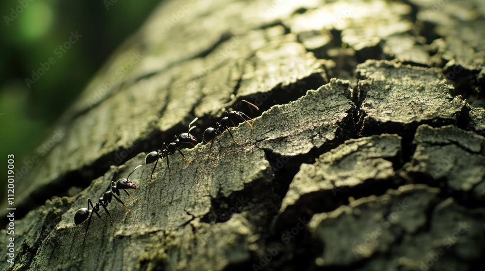 Close-up of ants on a textured tree bark, showcasing nature's intricate details. Close-up of ants on a textured tree bark, showcasing nature's intricate details.
