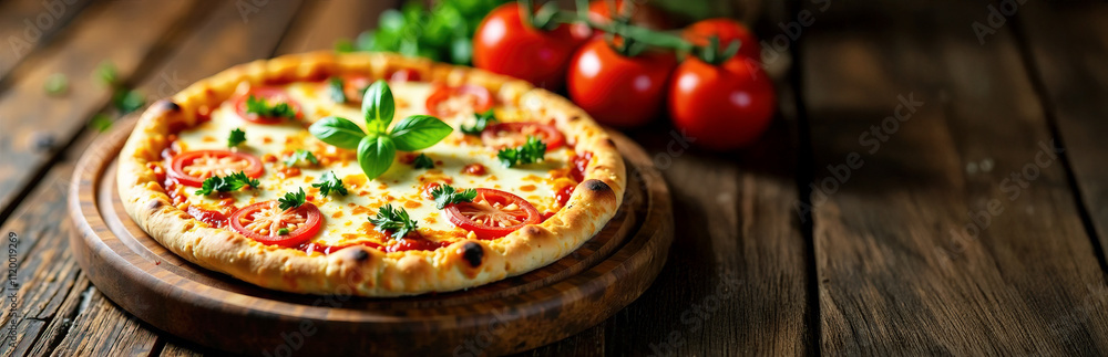 Close-up banner of pizza with tomatoes and basil on the left side on a wooden background with space for text, blurred background with tomatoes