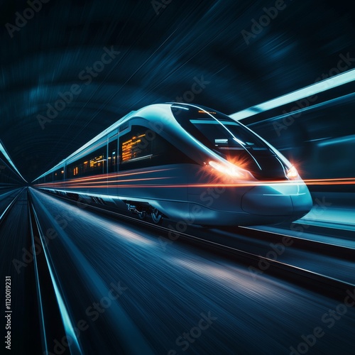 Fototapeta Naklejka Na Ścianę i Meble -  Fast modern express passenger train no high speed railway in hyperloop moving from flash light. Futuristic technology, hi tech future digital transport, hyperloop concept. Low pole 3d abstract