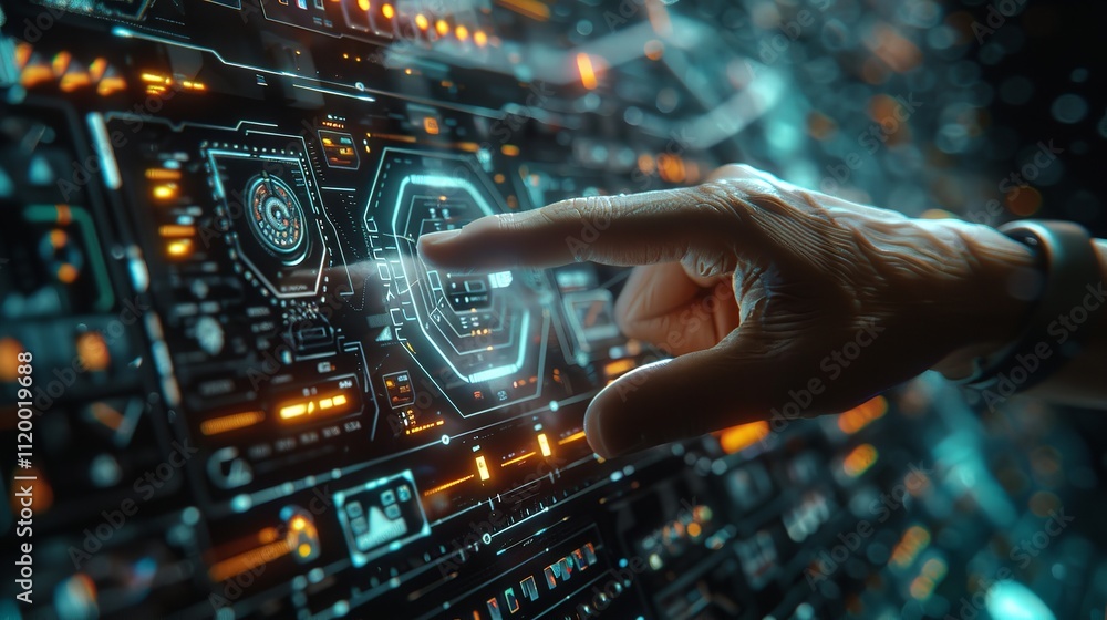Hand touch digital hud interface futuristic technology background of virtual. Generative AI Hand touch digital hud interface futuristic technology background of virtual. Generative AI