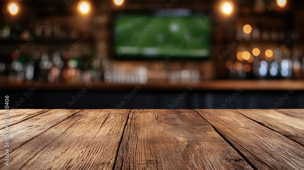 The image captures a wooden counter set against the energetic backdrop of a sports bar, with fans cheering while watching a football game on a large screen. The image captures a wooden counter set against the energetic backdrop of a sports bar, with fans cheering while watching a football game on a large screen.