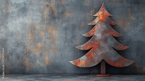 Rusty metal christmas tree against grunge wall texture background