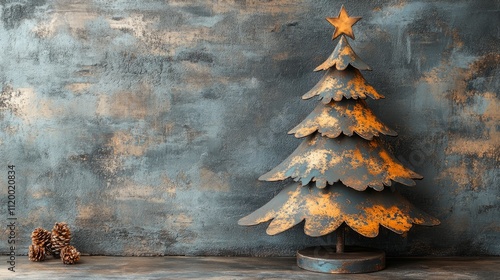 Rustic metal christmas tree with star on weathered background