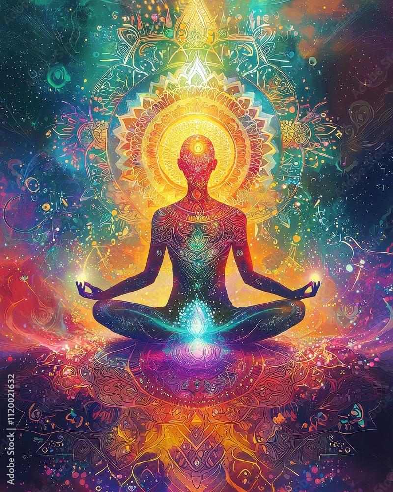Silhouette Meditating Within a Vibrant Cosmic Mandala Radiating Energy and Spiritual Harmony Silhouette Meditating Within a Vibrant Cosmic Mandala Radiating Energy and Spiritual Harmony
