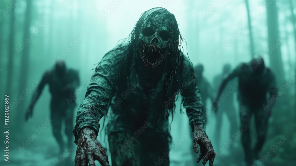 A menacing skeletal figure snarls as it moves towards the viewer, its unsettling presence magnified by the ghostly mist and darkness enveloping the forest path. A menacing skeletal figure snarls as it moves towards the viewer, its unsettling presence magnified by the ghostly mist and darkness enveloping the forest path.