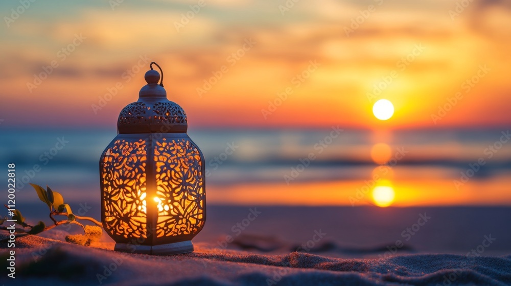 ramadan kareem iftar, muslim lantern lamp glows on the seashore at sunset,with copy space ramadan kareem iftar, muslim lantern lamp glows on the seashore at sunset,with copy space