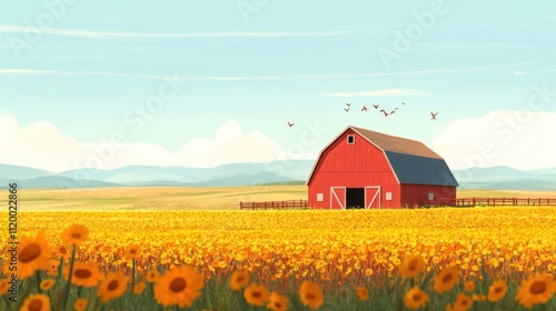 A serene landscape featuring a red barn amidst a field of sunflowers under a blue sky.