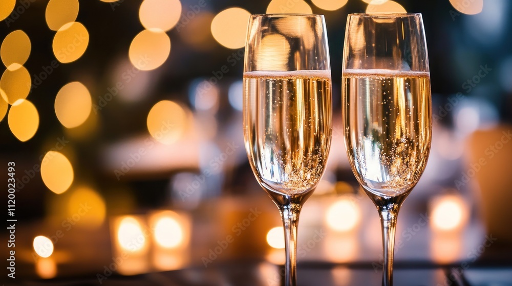 Two champagne flutes filled with sparkling wine, sitting on a table with a warm, celebratory bokeh background. Two champagne flutes filled with sparkling wine, sitting on a table with a warm, celebratory bokeh background.