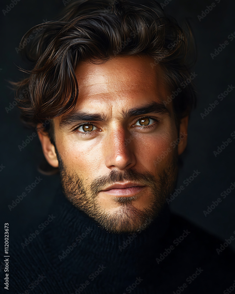 Intense Gaze of a Handsome Man with Brown Hair and Eyes, Wearing a Black Turtleneck, Studio Portrait Photography Intense Gaze of a Handsome Man with Brown Hair and Eyes, Wearing a Black Turtleneck, Studio Portrait Photography