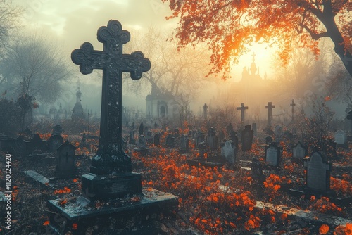 A misty graveyard at sunset, with crosses and autumn leaves creating a somber atmosphere. photo