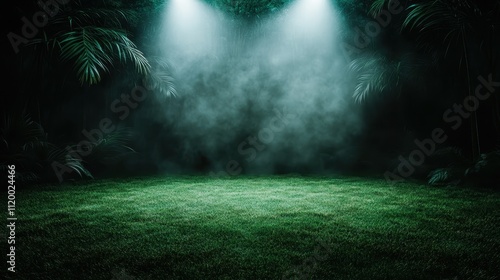 Fototapeta Naklejka Na Ścianę i Meble -  A lush green jungle clearing is dramatically illuminated by two spotlights, creating an ethereal and enchanting atmosphere with a backdrop of dense foliage and mist.