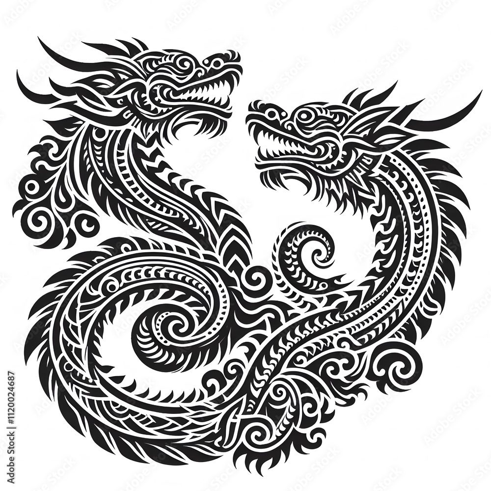 AI Generate of Dragon Shape in Samoan Art style isolated in white AI Generate of Dragon Shape in Samoan Art style isolated in white