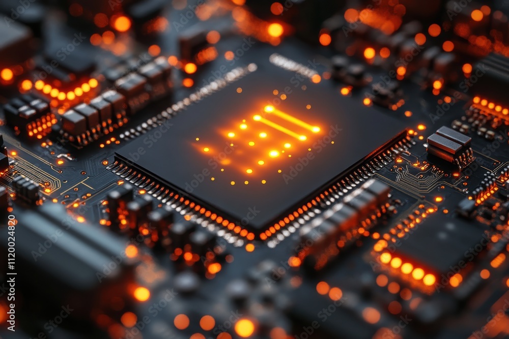 Close-up of a circuit board with glowing components, showcasing technology and innovation. Close-up of a circuit board with glowing components, showcasing technology and innovation.