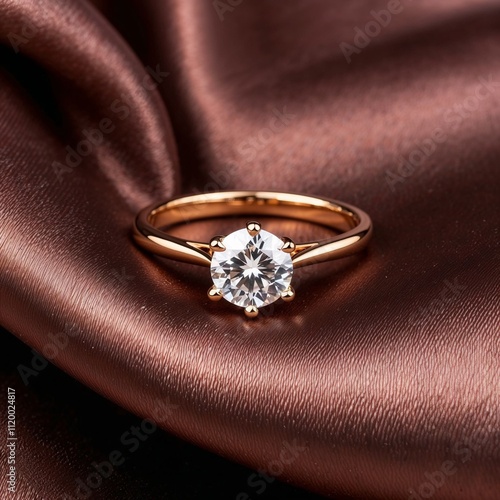 illustration of gold wedding ring with one round diamond on luxurious brown satin fabric, close up