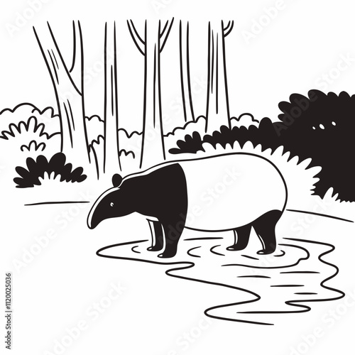 A Malayan tapir standing by a shallow forest stream, its distinctive black-and-white coloration blending into the twilight forest."