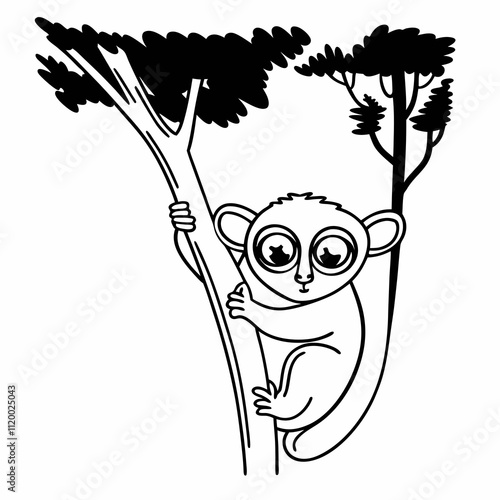 "A small tarsier clinging to a thin tree branch at dusk, its enormous eyes glowing against the darkening forest of Sulawesi."