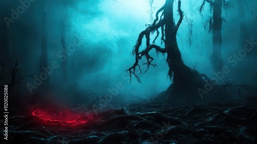 A haunting forest landscape with twisting dark trees and vibrant red roots glowing beneath a heavy fog, invoking a sense of mystery and wonder. photo