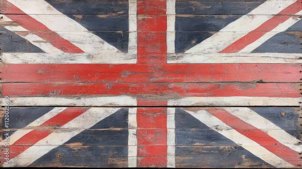 Fototapeta premium A rustic and weathered British flag painted on wooden planks with a vintage aesthetic 